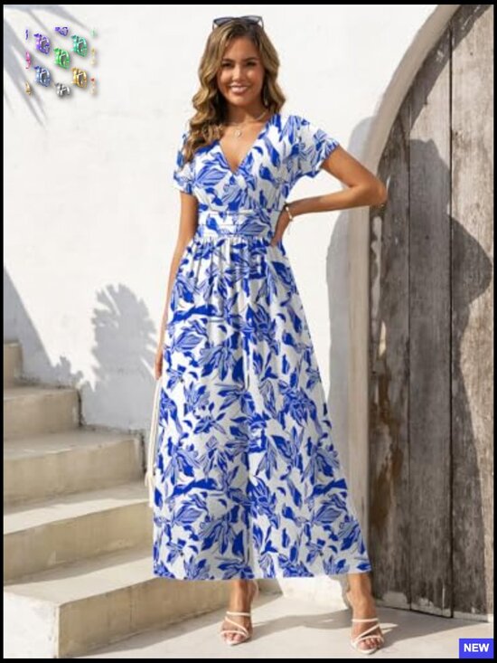 Floral Print Maxi Dress Casual V Neck Short Sleeve Flowy Sundress with Pockets - Picture 5 of 7